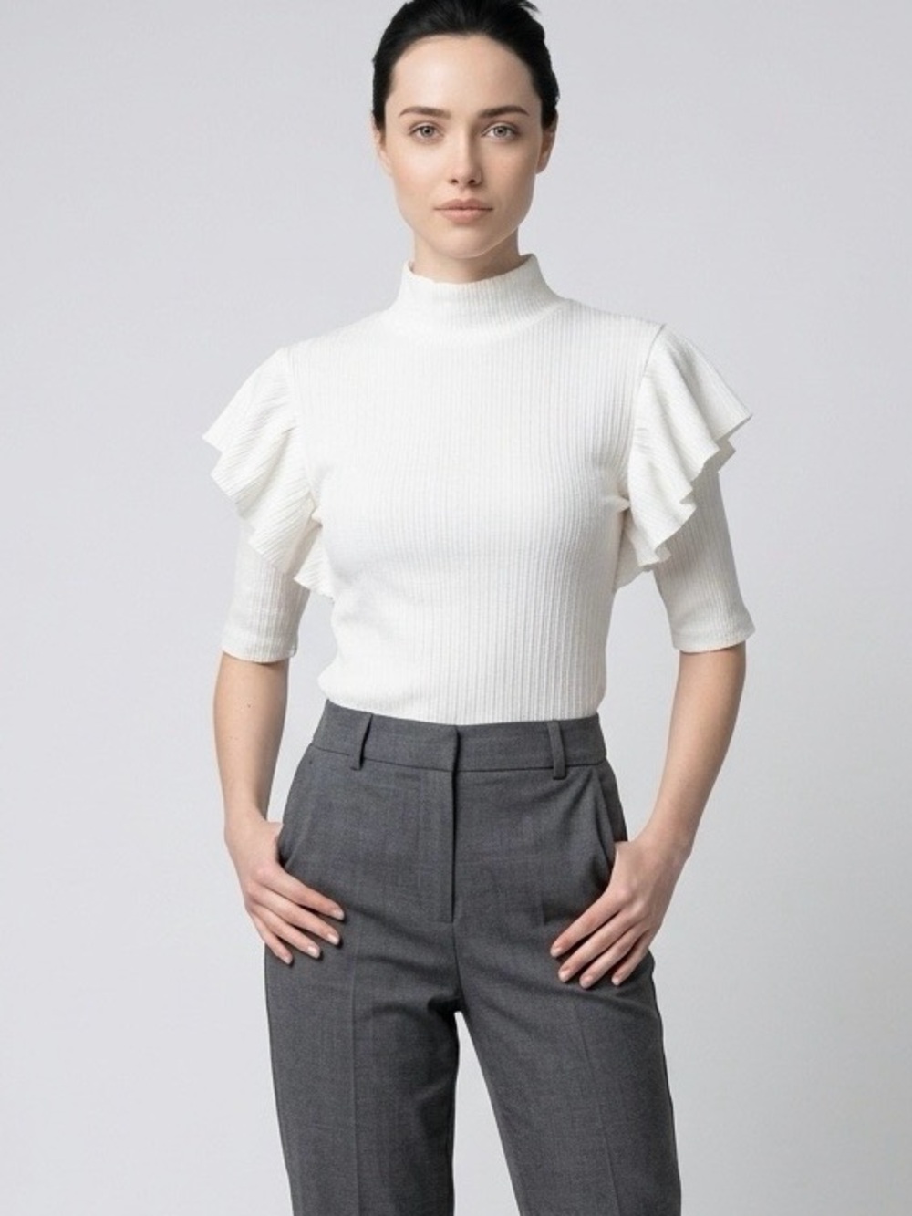Zara Cream Ribbed Mock Neck Top with Ruffle Sleeves